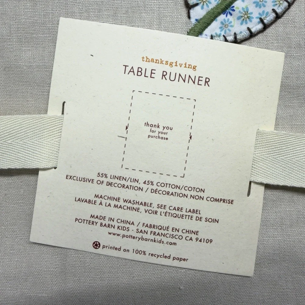 POTTERY BARN KIDS Turkey Quilted Table Runner 17x70 Linen Cotton Thanksgiving